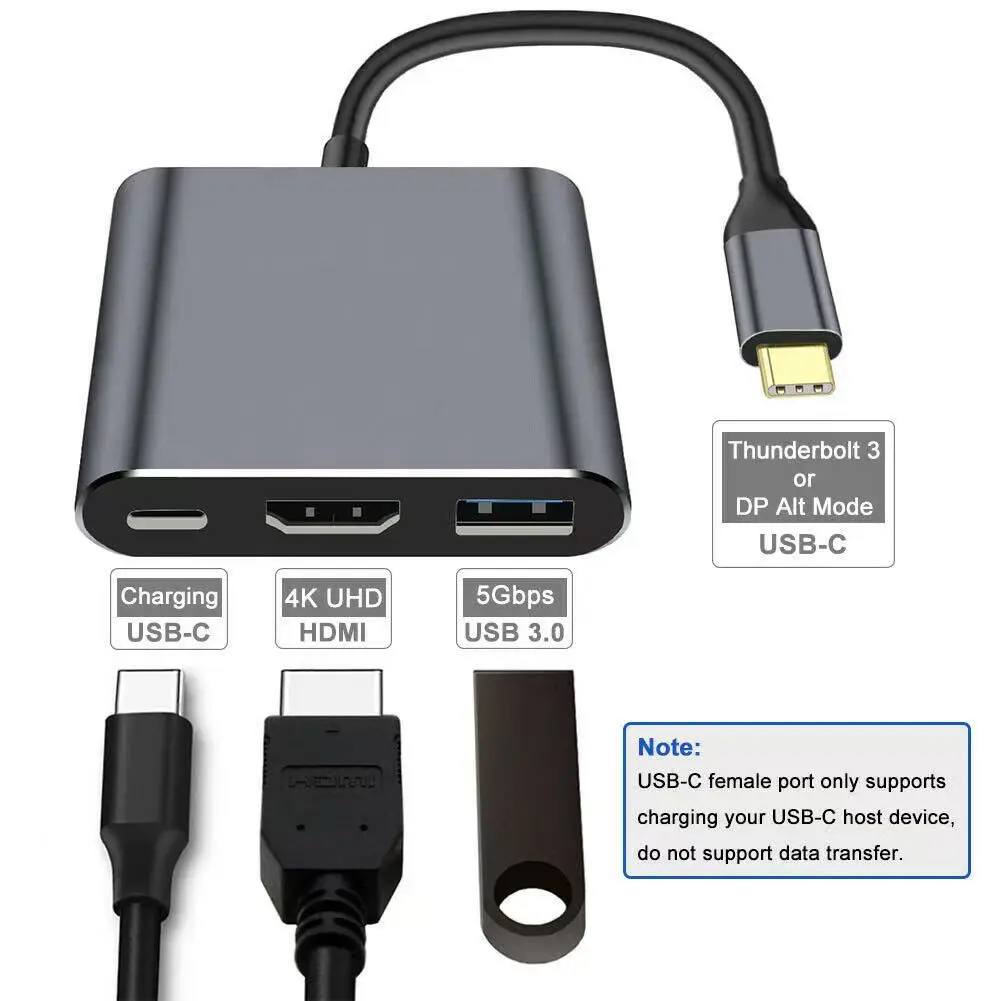 Hub USB-C 3 en 1 avec HDMI 4K, port USB 3.0 et charge 100 W