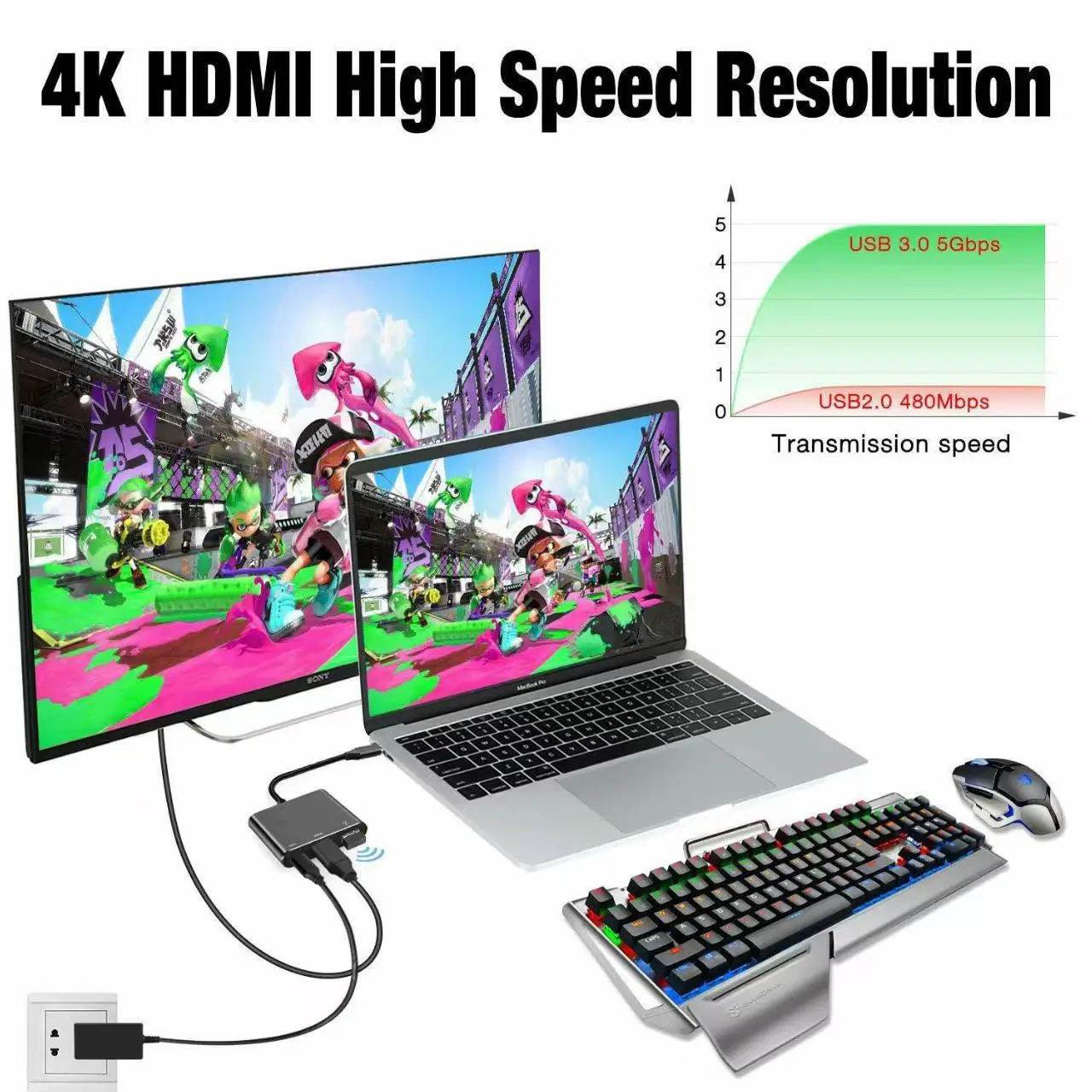 Hub USB-C 3 en 1 avec HDMI 4K, port USB 3.0 et charge 100 W – Image 3