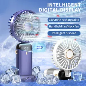 Ventilateur de cou à écran LED, 5 vitesses, avec support de téléphone