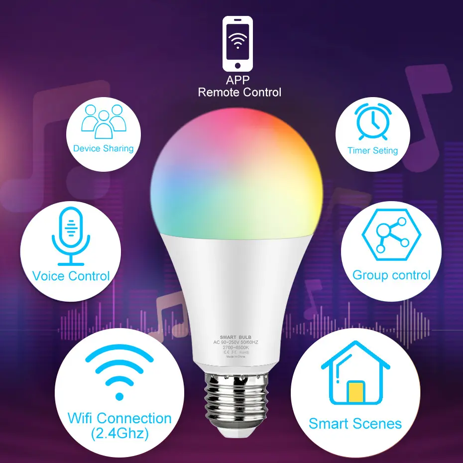 Ampoule wifi RGBCW E27 à commande vocale et couleurs réglables