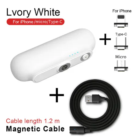 Batterie à câble magnétique de 2 600 mAh, embouts USB-C et iPhone
