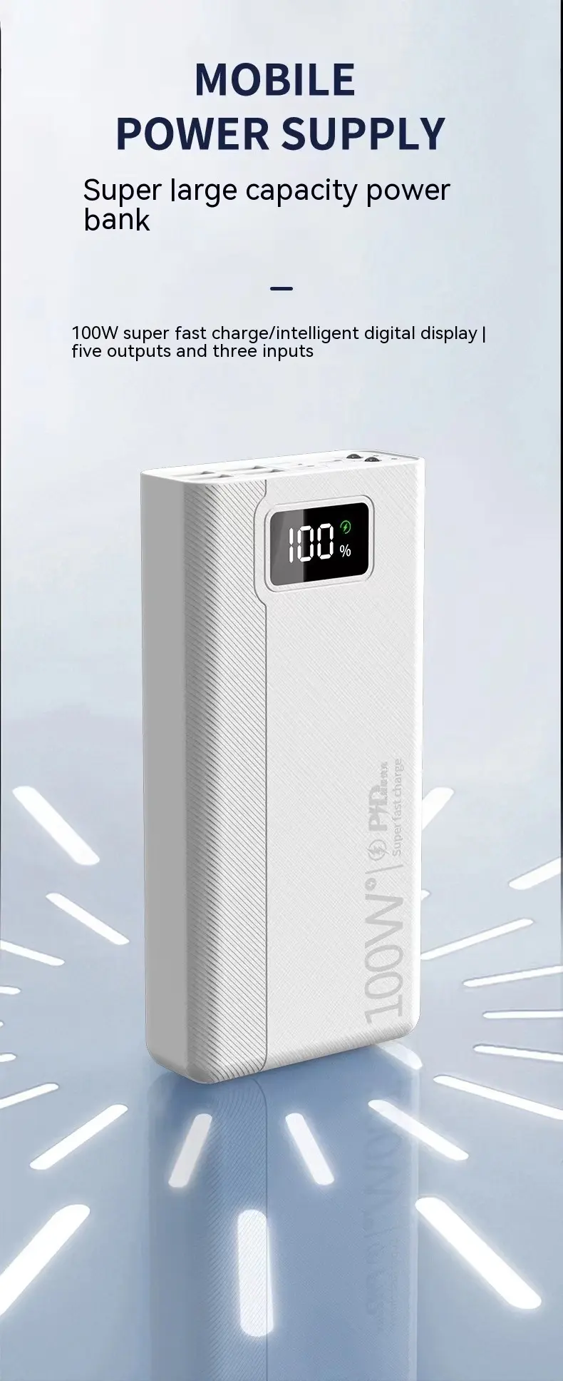 Batterie grande capacité 20 000 à 50 000 mAh, charge rapide en option