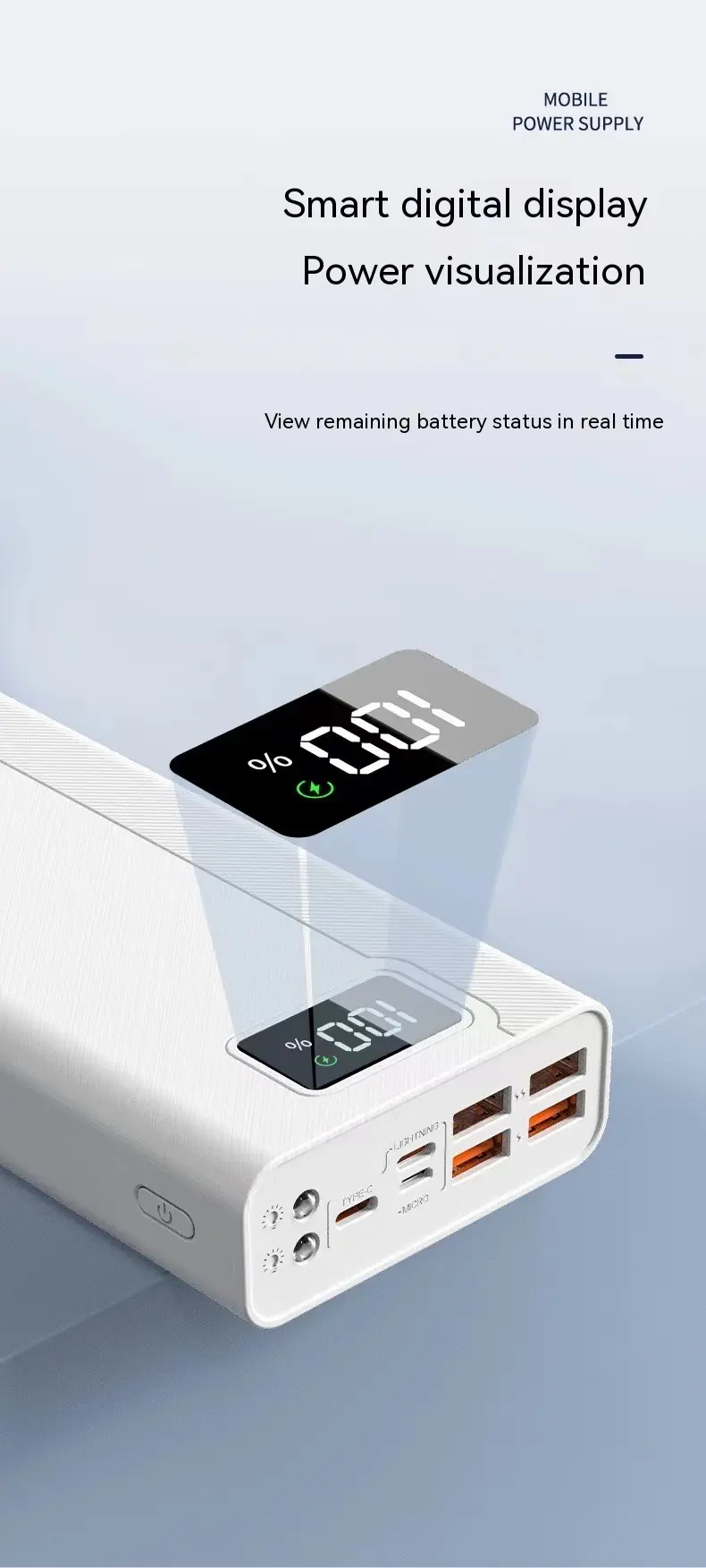 Batterie grande capacité 20 000 à 50 000 mAh, charge rapide en option