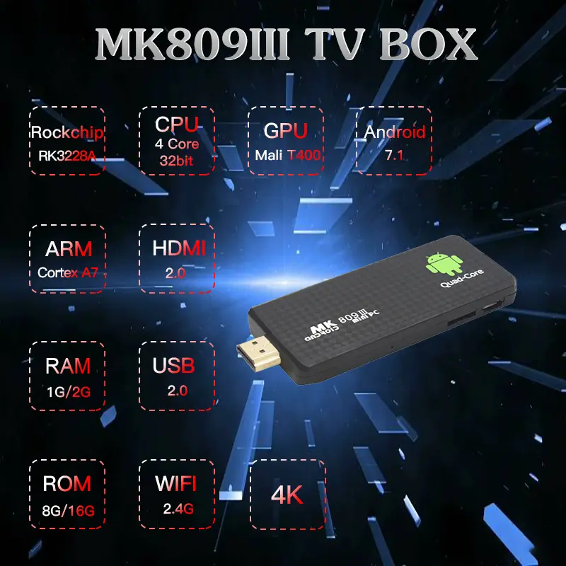 Box Android 8 Go format clé HDMI, processeur quad-core et WiFi