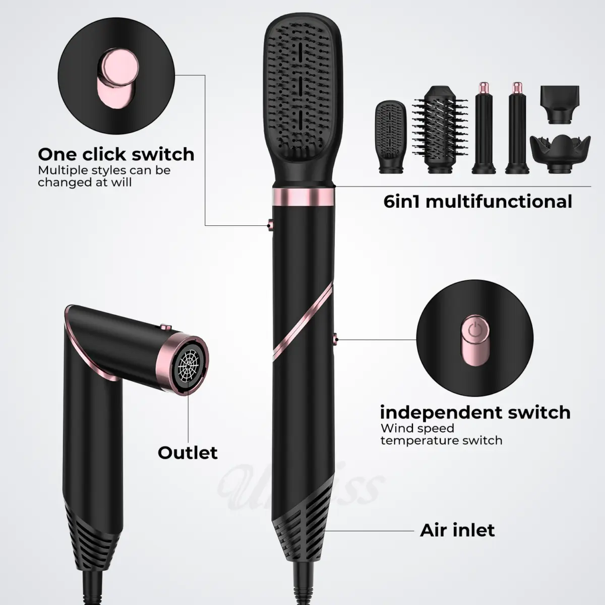 Brosse soufflante multifonction 5 en 1 ou 6 en 1, noir et or