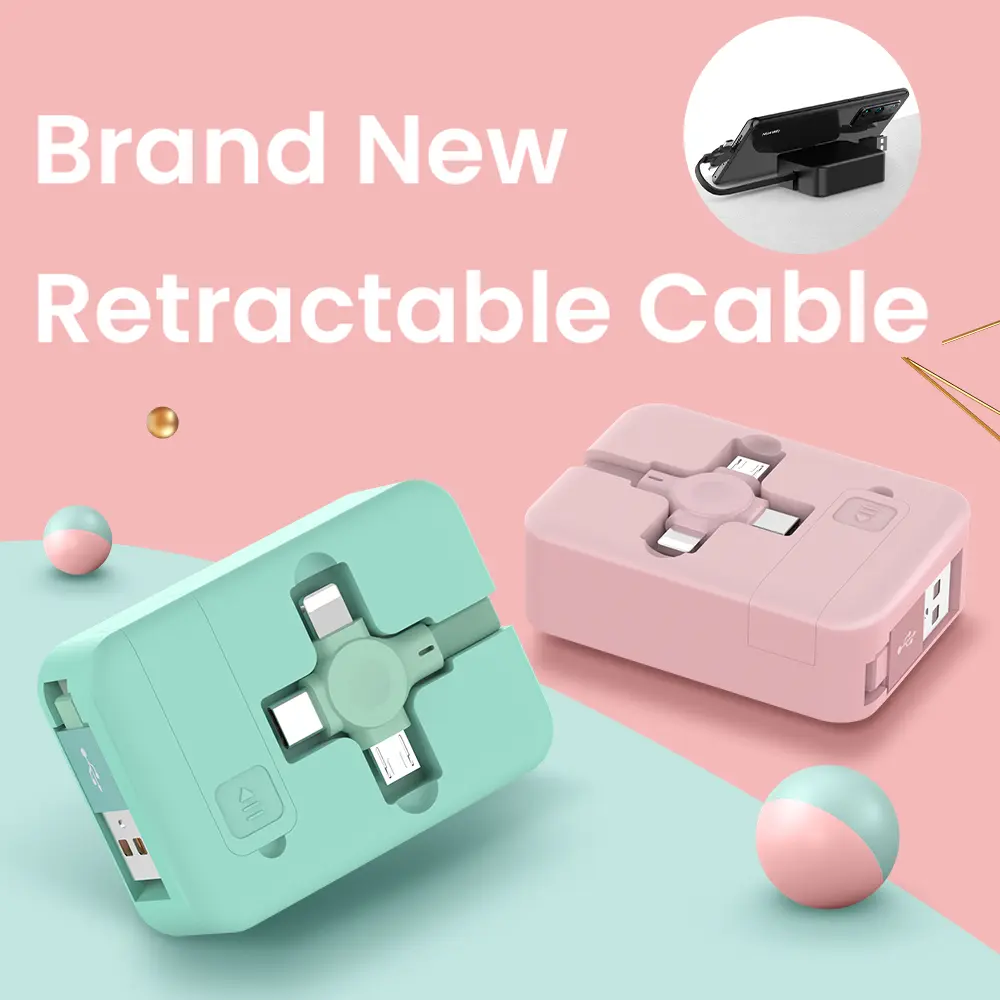Câble rétractable macaron 3 en 1 avec support de téléphone
