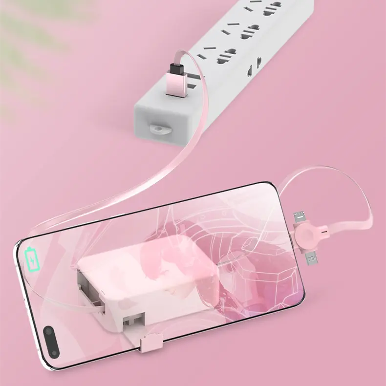 Câble rétractable macaron 3 en 1 avec support de téléphone