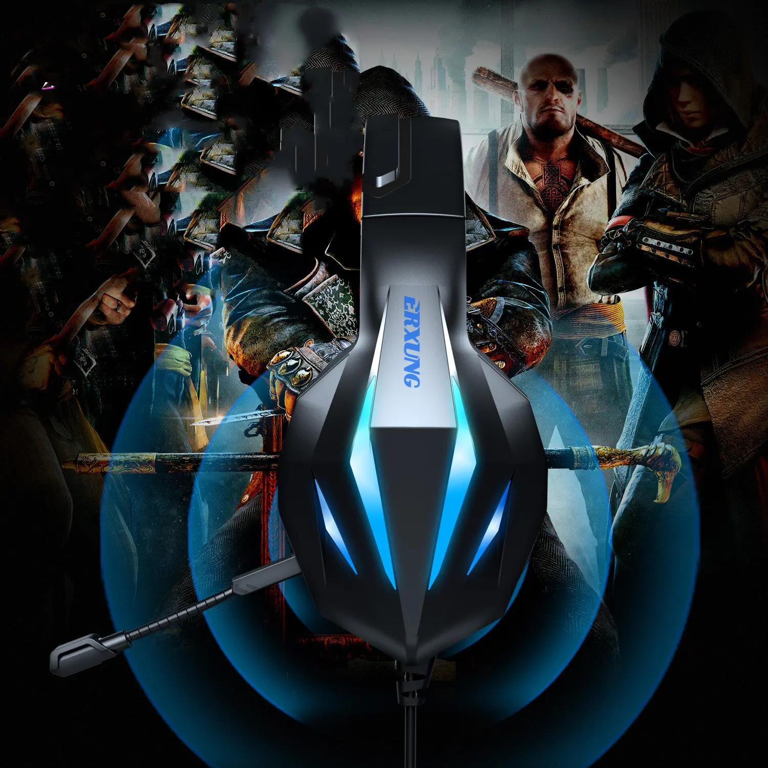 Casque gamer bicolore lumineux avec micro et câble répartiteur