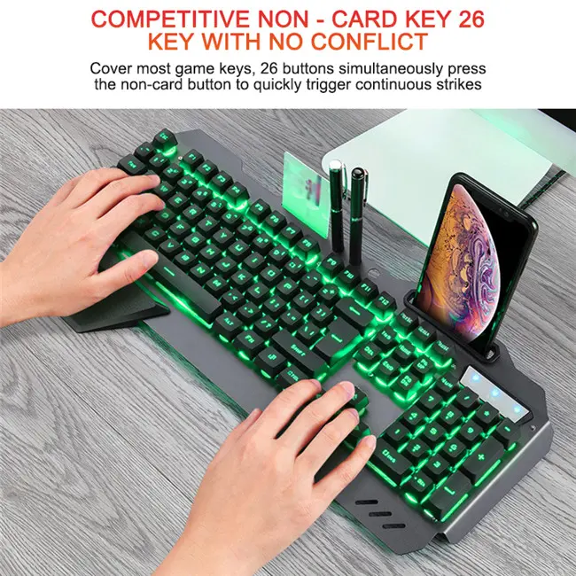 Clavier gamer support téléphone, rétroéclairage RGB, filaire USB