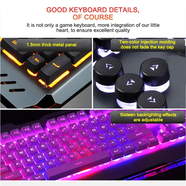 Clavier gamer support téléphone, rétroéclairage RGB, filaire USB