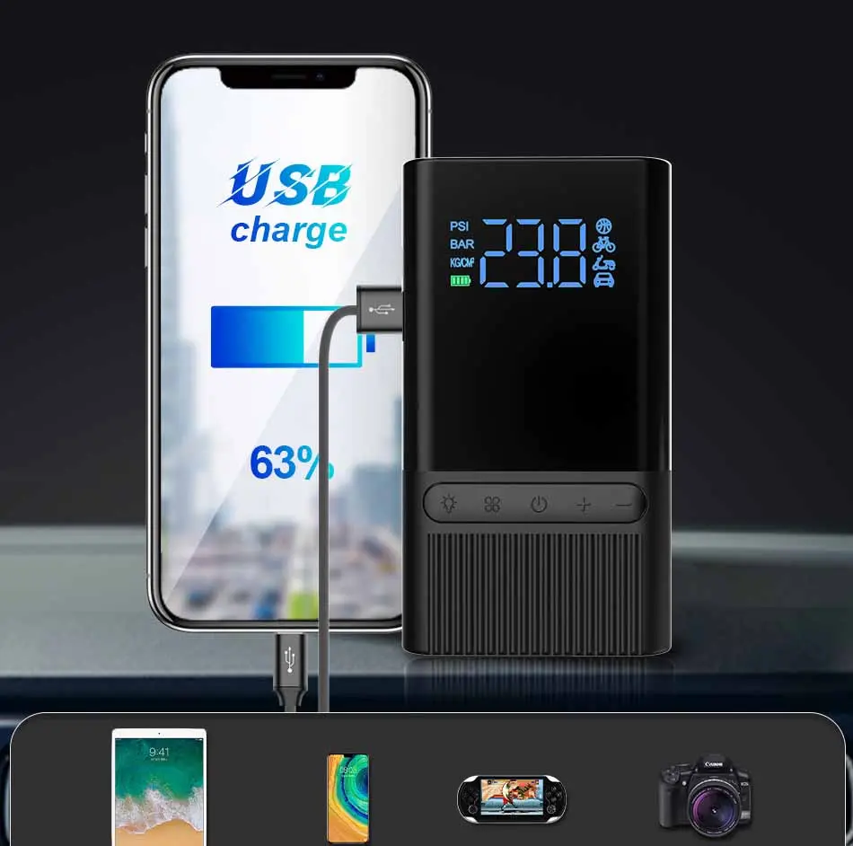Compresseur de pneus portable USB-C avec écran LCD et lampe LED