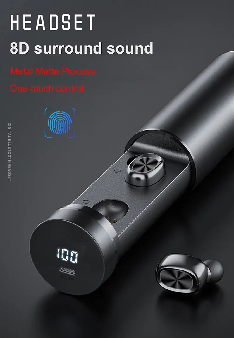 Écouteurs boîtier tiroir magnétique Bluetooth 5.0 à boutons LED