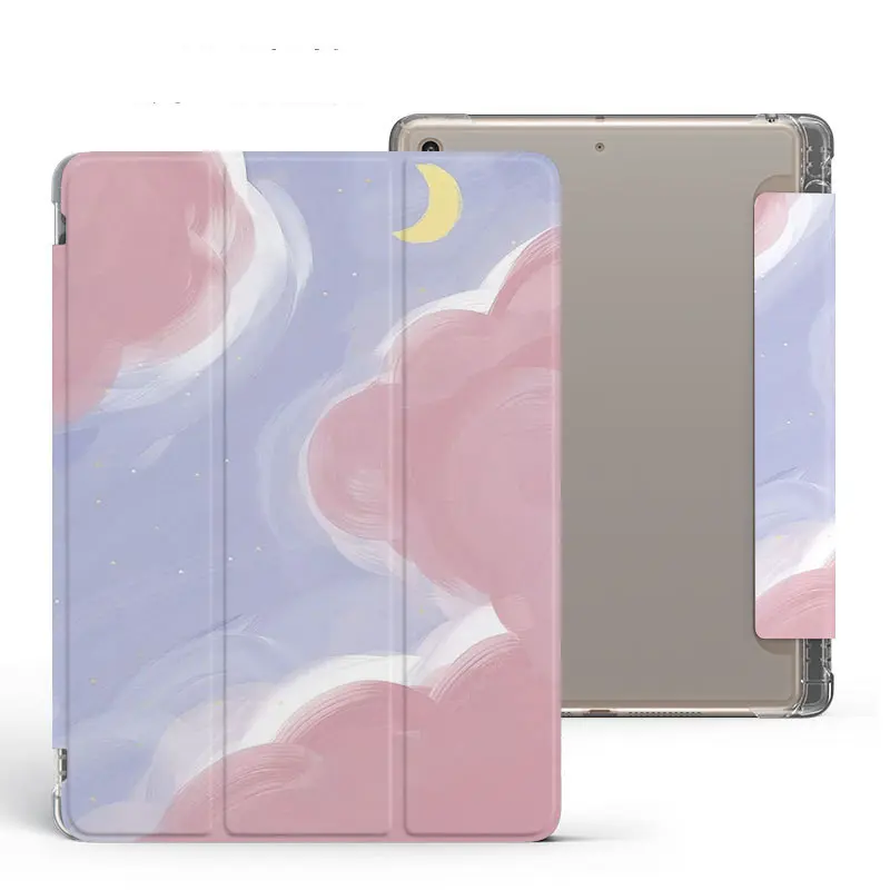 Étui iPad lune nuage en similicuir, rabat livre ou trois volets