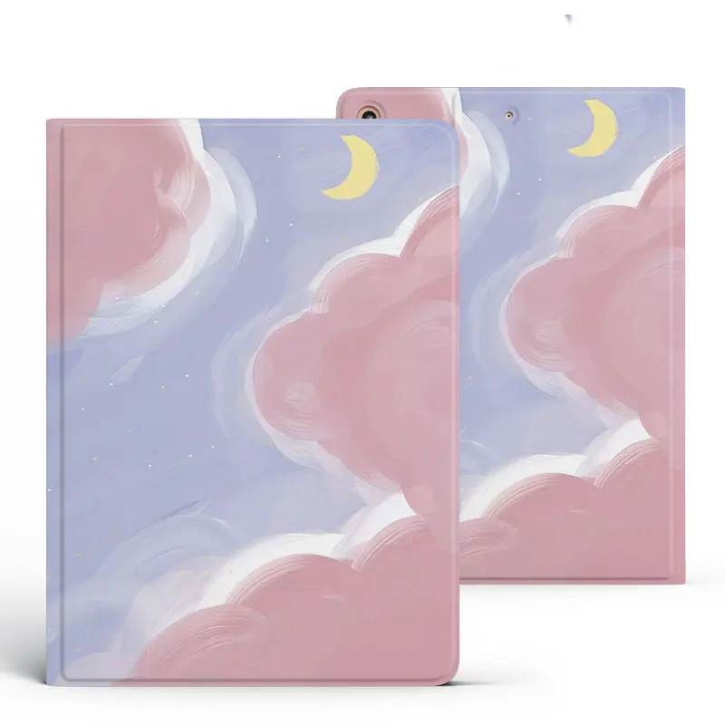 Étui iPad lune nuage en similicuir, rabat livre ou trois volets