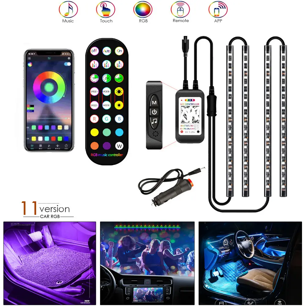 Kit LED intérieur voiture 4 barres RGB avec télécommande 24 touches