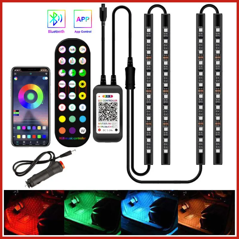 Kit LED intérieur voiture 4 barres RGB avec télécommande 24 touches