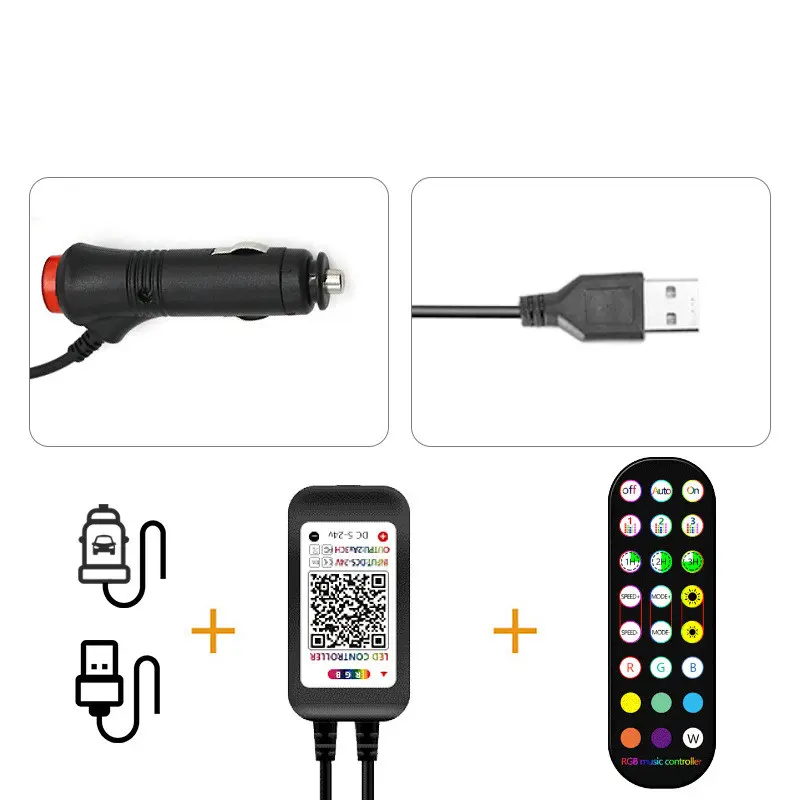 Kit LED intérieur voiture 4 barres RGB avec télécommande 24 touches