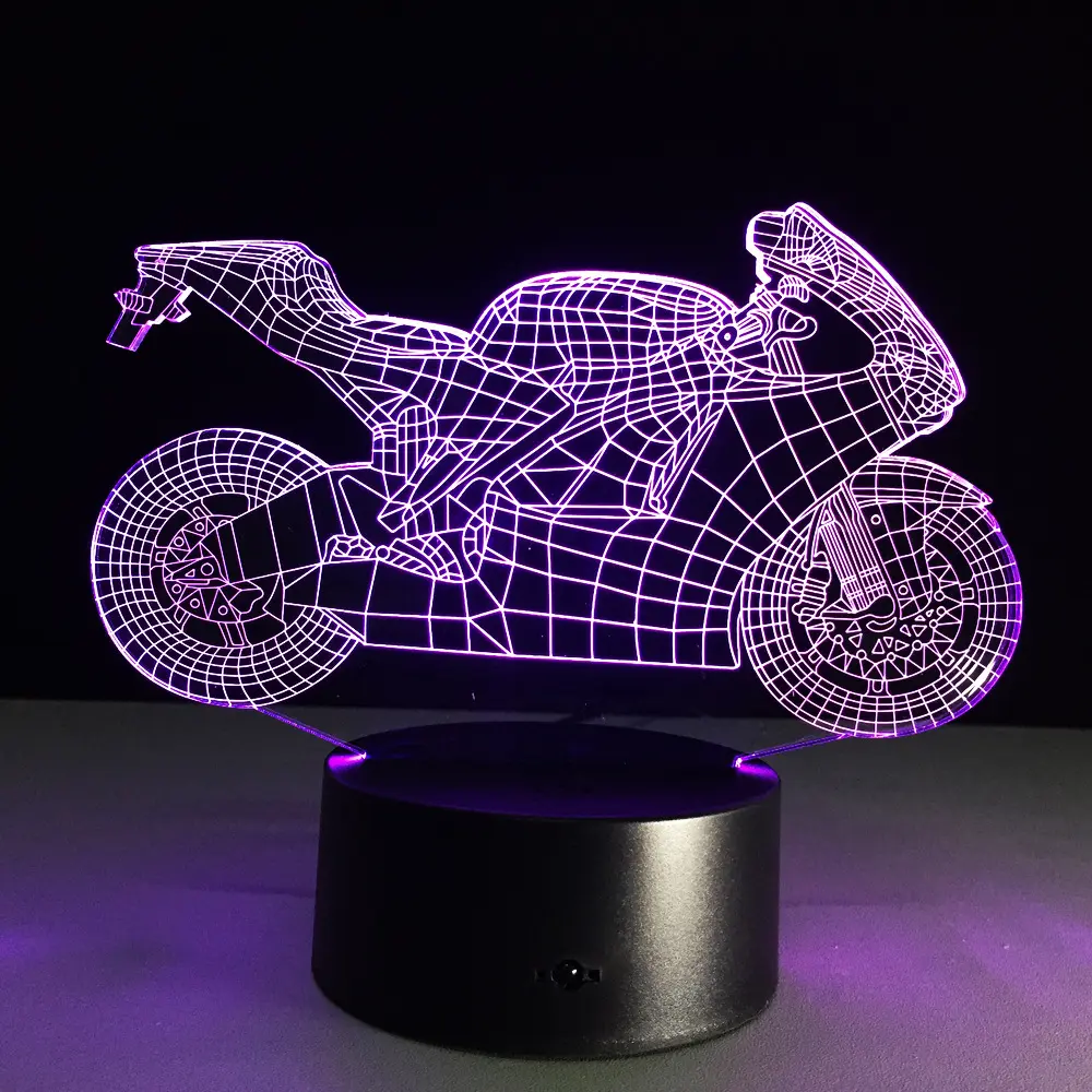 Lampe 3D moto en acrylique, socle noir et lumière tactile colorée