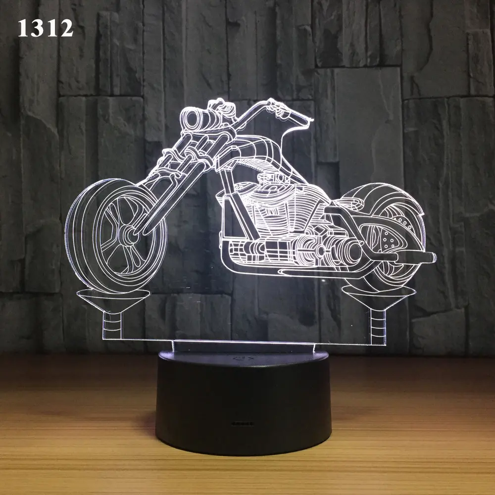Lampe 3D moto en acrylique, socle noir et lumière tactile colorée