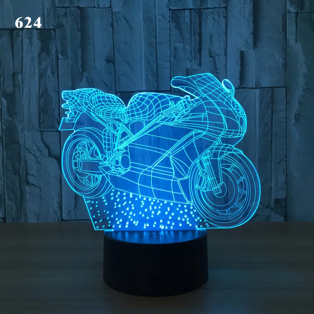 Lampe 3D moto en acrylique, socle noir et lumière tactile colorée
