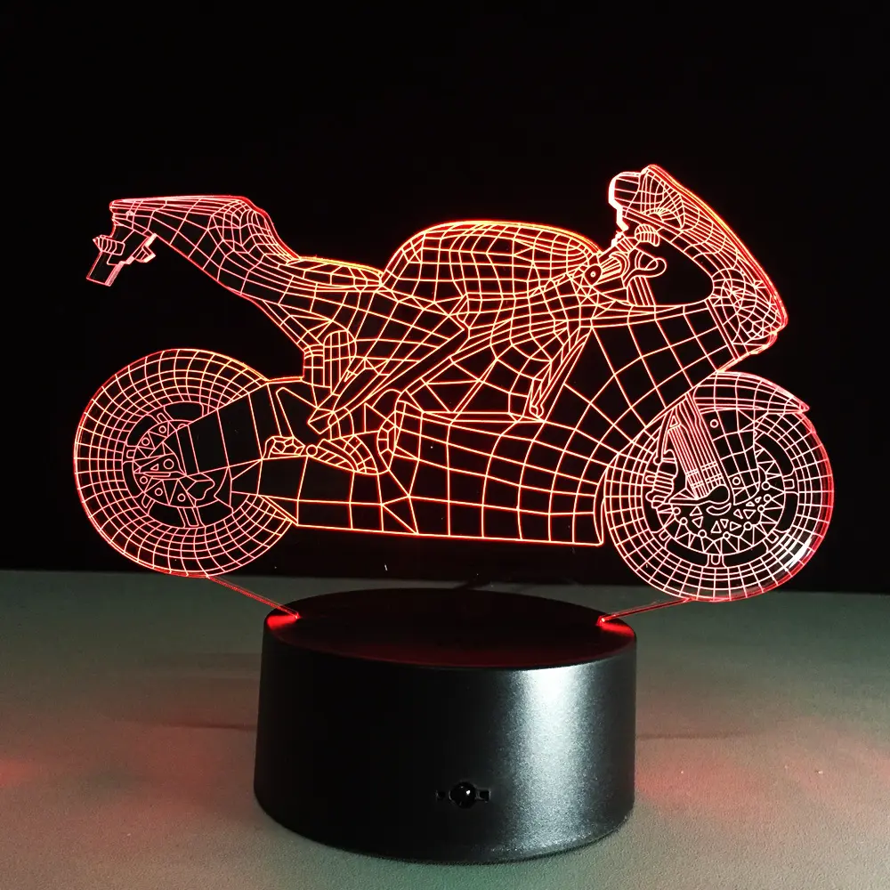 Lampe 3D moto en acrylique, socle noir et lumière tactile colorée