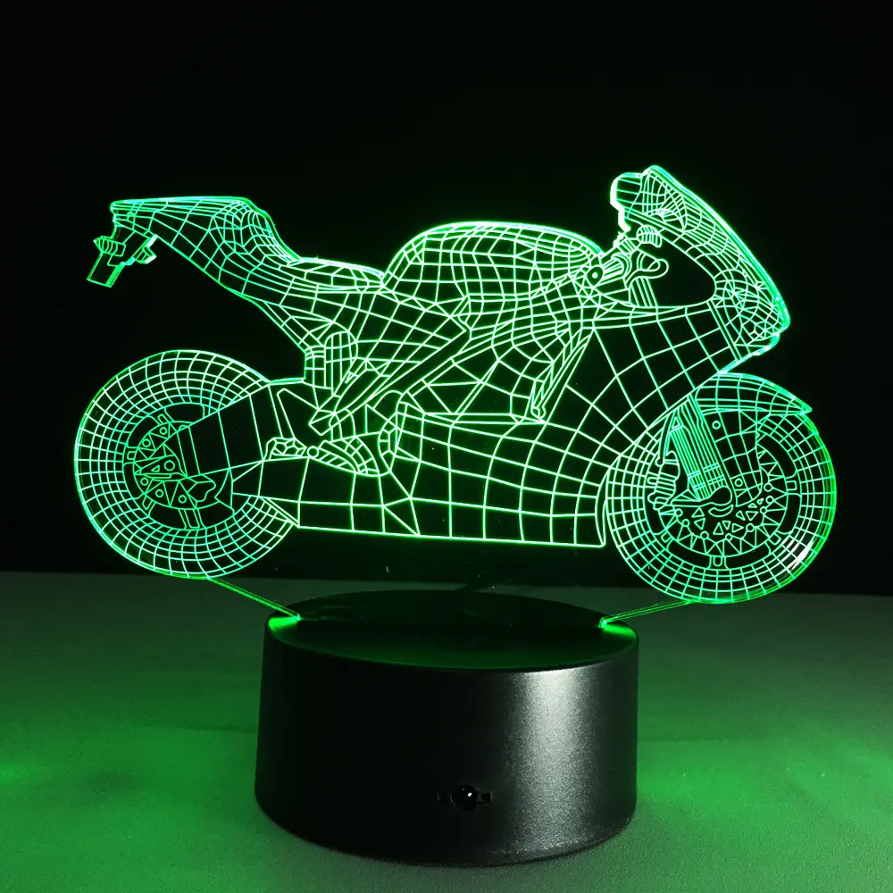 Lampe 3D moto en acrylique, socle noir et lumière tactile colorée