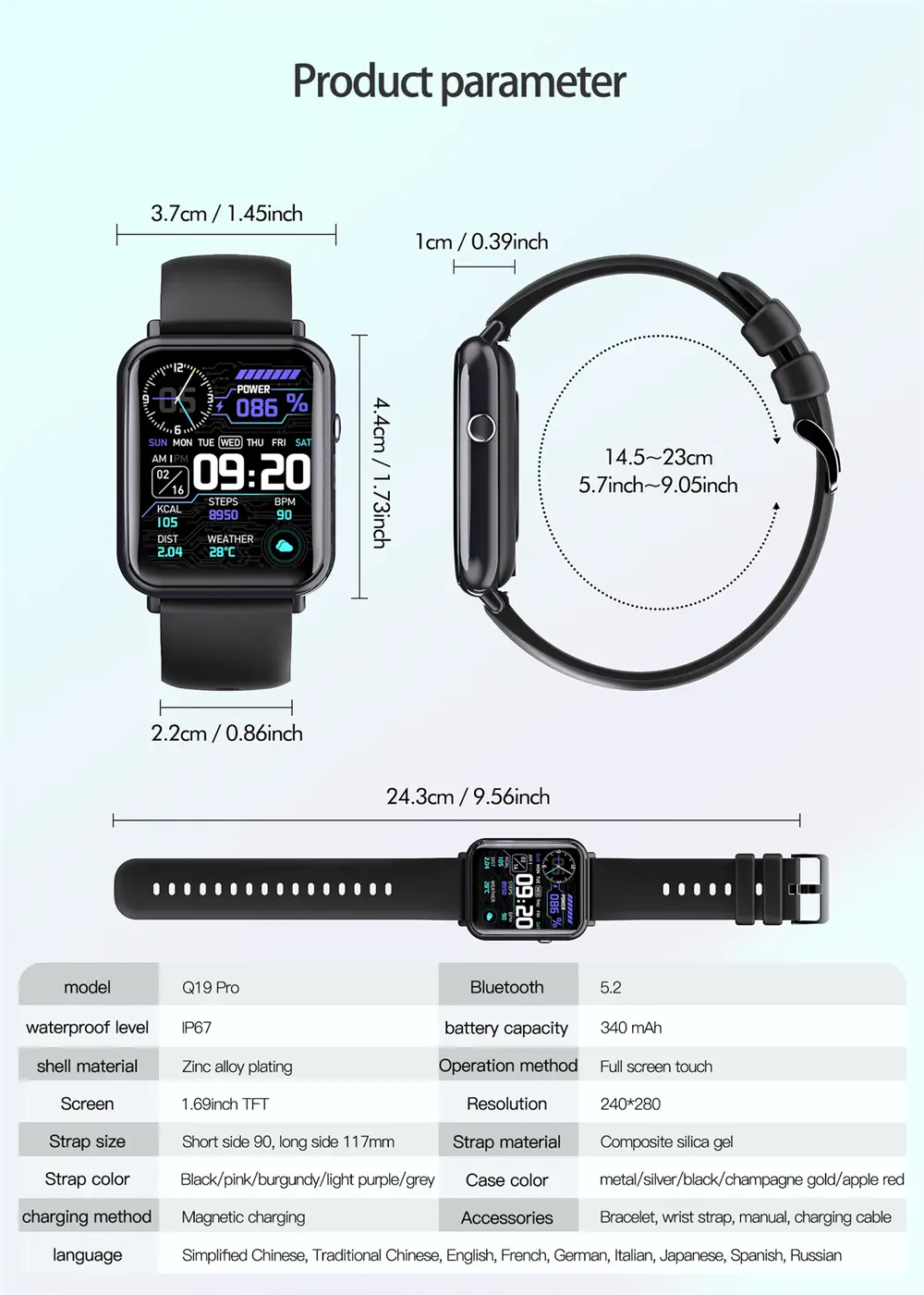 Montre tactile 340 mAh étanche IP67 avec Bluetooth 5.2