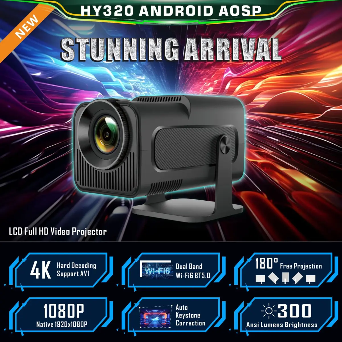 Projecteur portable 1080p 60 W, version Android 11 ou recopie