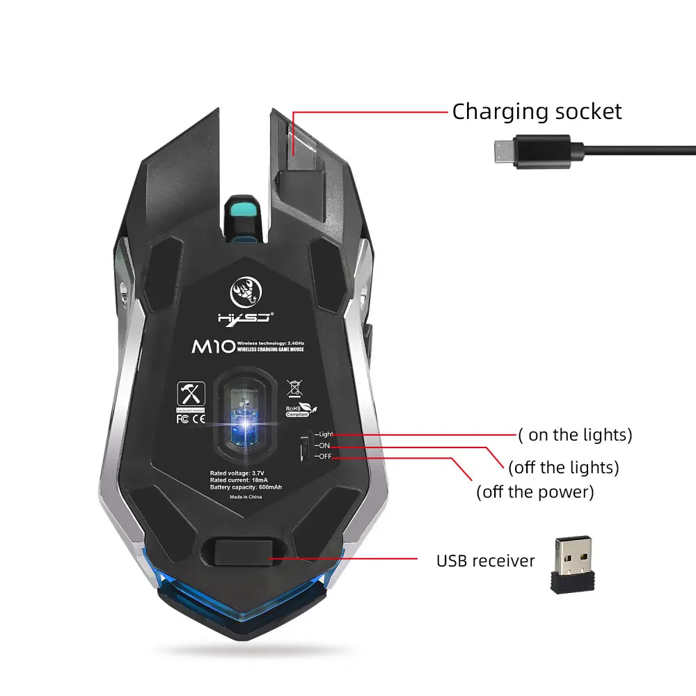 Souris gamer 2400 dpi sans fil 2,4 GHz à six boutons