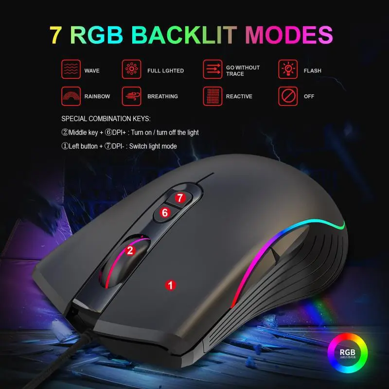 Souris gamer 6400 dpi filaire RGB à 7 boutons