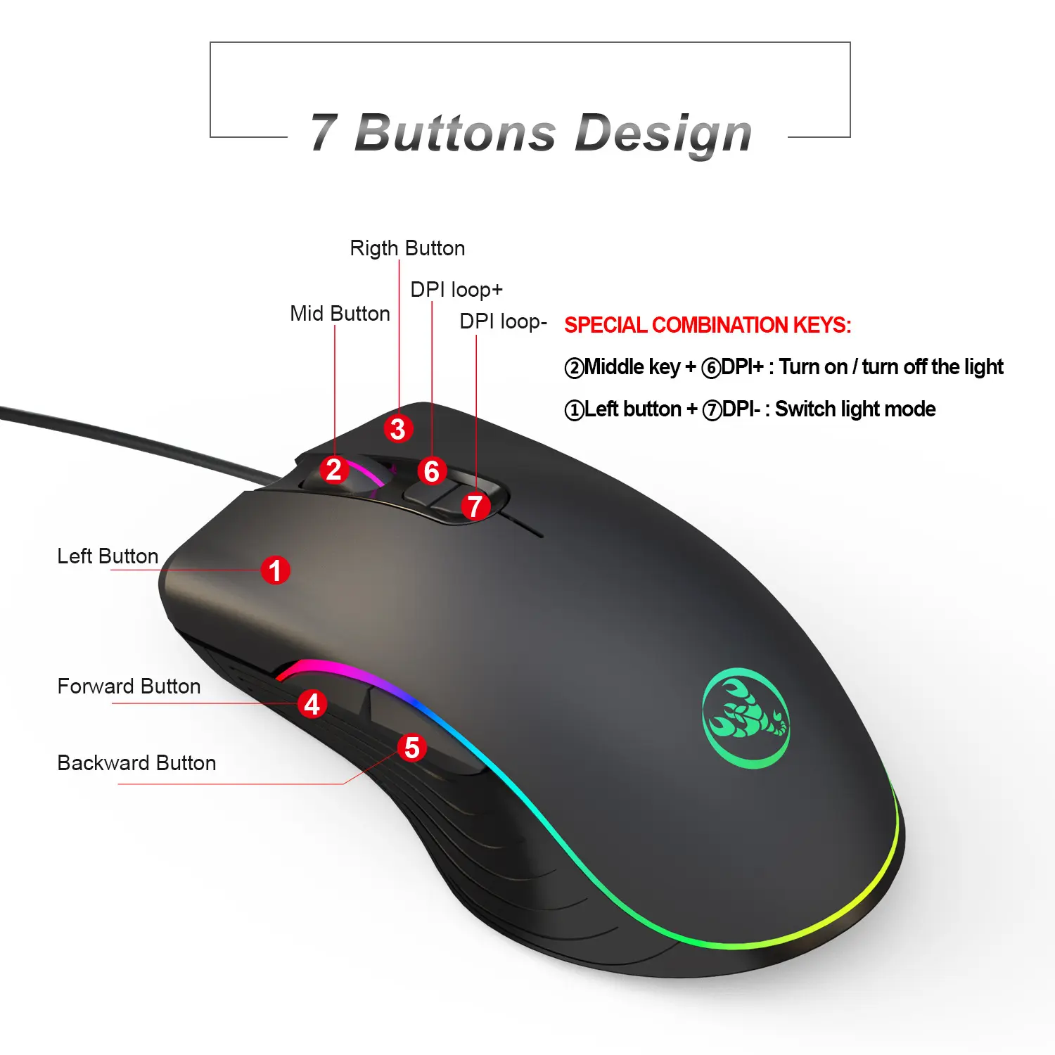 Souris gamer 6400 dpi filaire RGB à 7 boutons