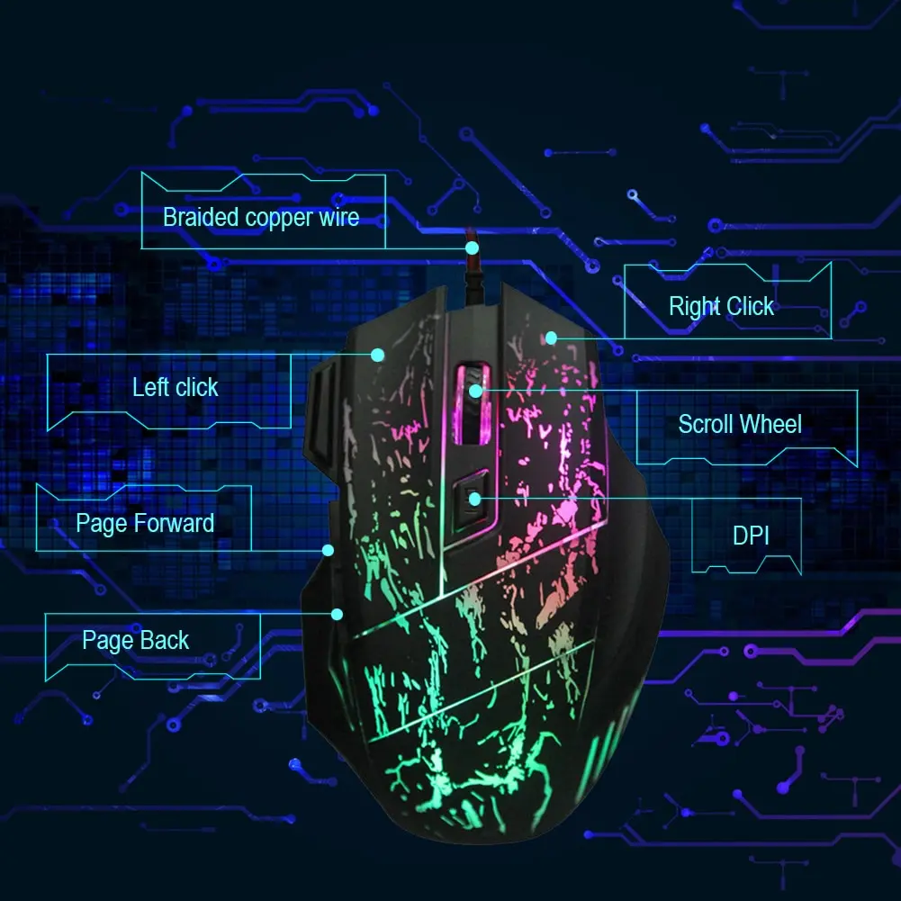 Souris transparente lumineuse filaire USB 1200 dpi à 7 boutons