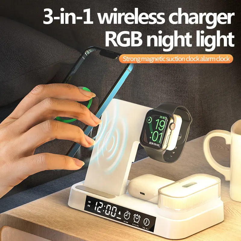 Station de charge réveil 4 en 1 sans fil 15 W avec veilleuse RGB