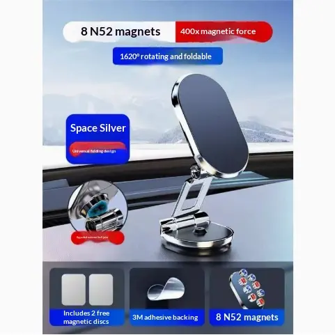 Support voiture magnétique pliable rotatif en alliage de zinc