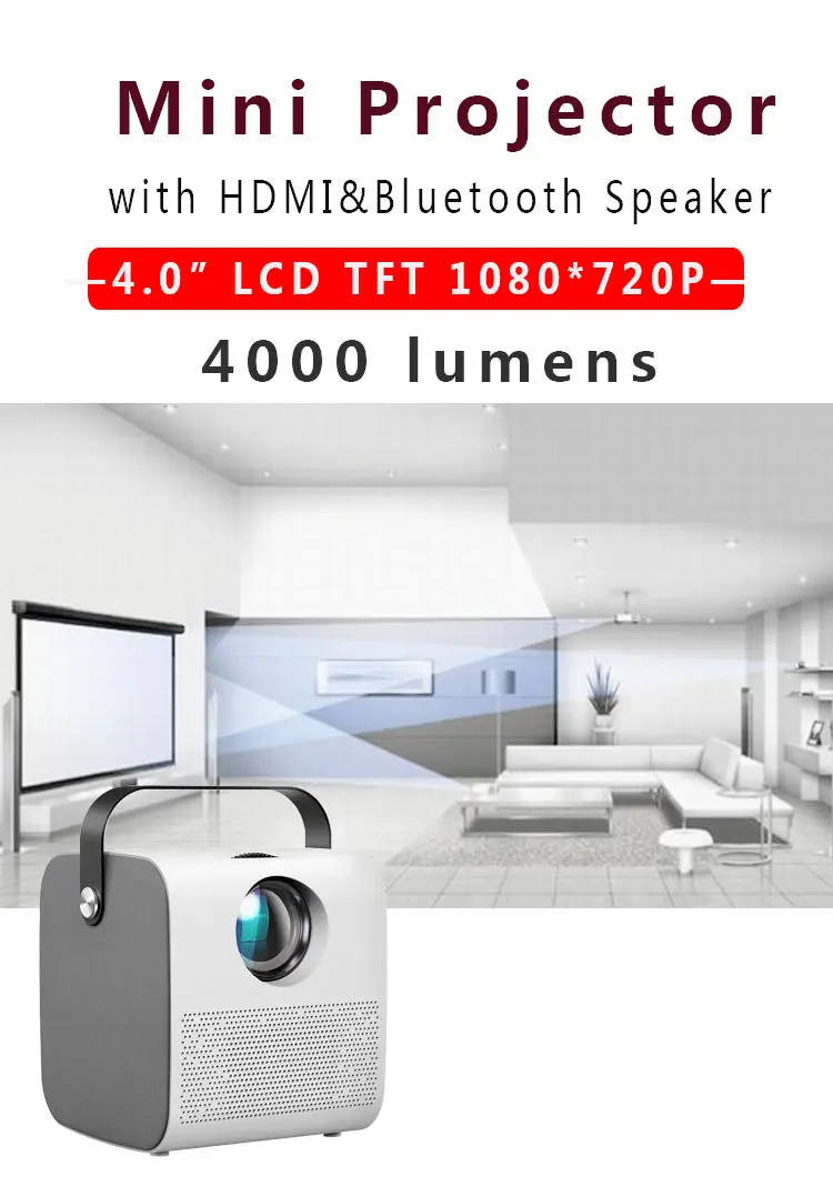 Vidéoprojecteur 720p entrée VGA et HDMI, image jusqu’à 200 pouces